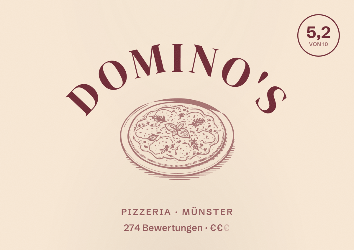 Illustriertes Poster von Domino's, Pizzeria in Münster: Bewertung 5,2 von 10 aus 274 Bewertungen, Preisniveau €€