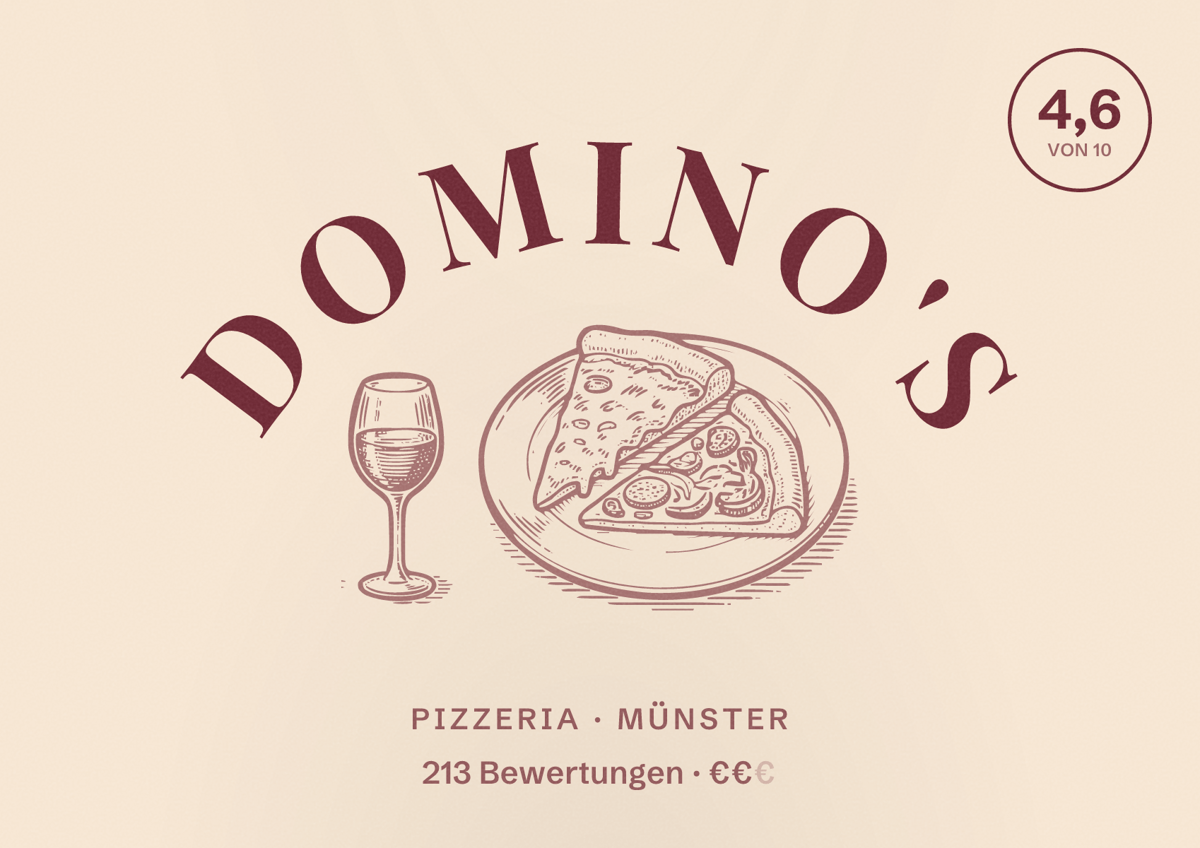 Illustriertes Poster von Domino's, Pizzeria in Münster: Bewertung 4,6 von 10 aus 213 Bewertungen, Preisniveau €€