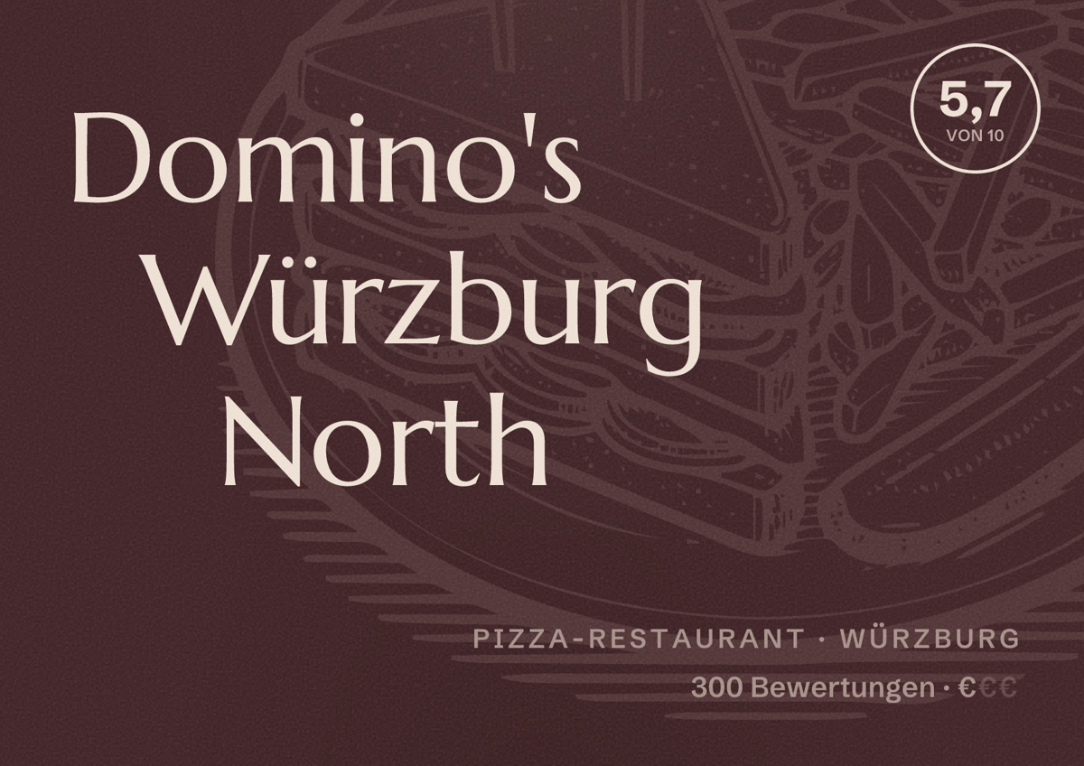 Illustriertes Poster von Domino's Würzburg North, Pizza-Restaurant in Würzburg: Bewertung 5,7 von 10 aus 300 Bewertungen, Preisniveau €