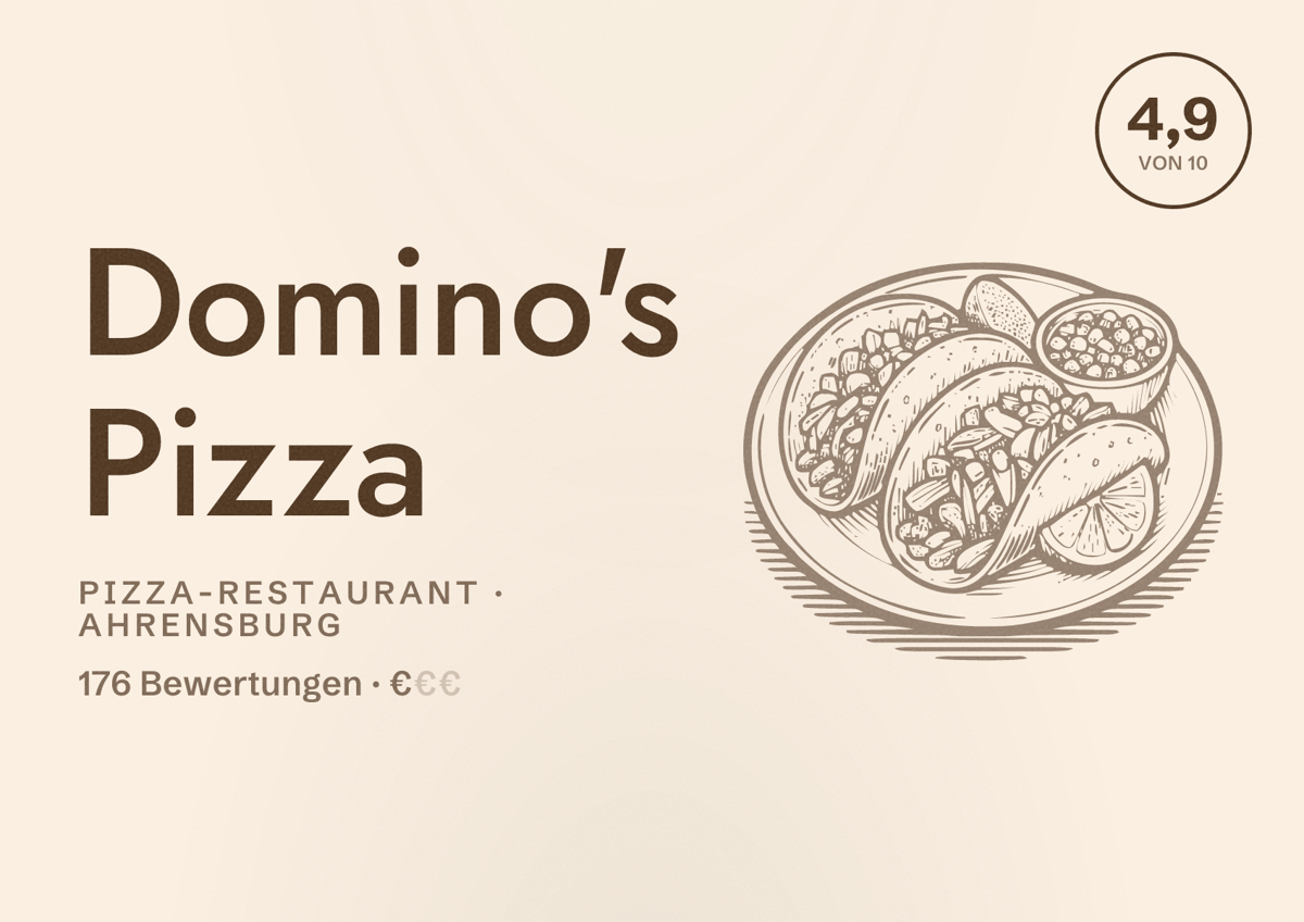 Illustriertes Poster von Domino's Pizza, Pizza-Restaurant in Ahrensburg: Bewertung 4,9 von 10 aus 176 Bewertungen, Preisniveau €