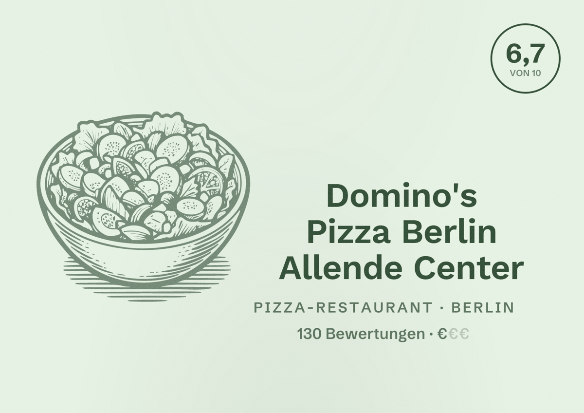 Illustriertes Poster von Domino's Pizza Berlin Allende Center, Pizza-Restaurant in Berlin: Bewertung 6,7 von 10 aus 130 Bewertungen, Preisniveau €