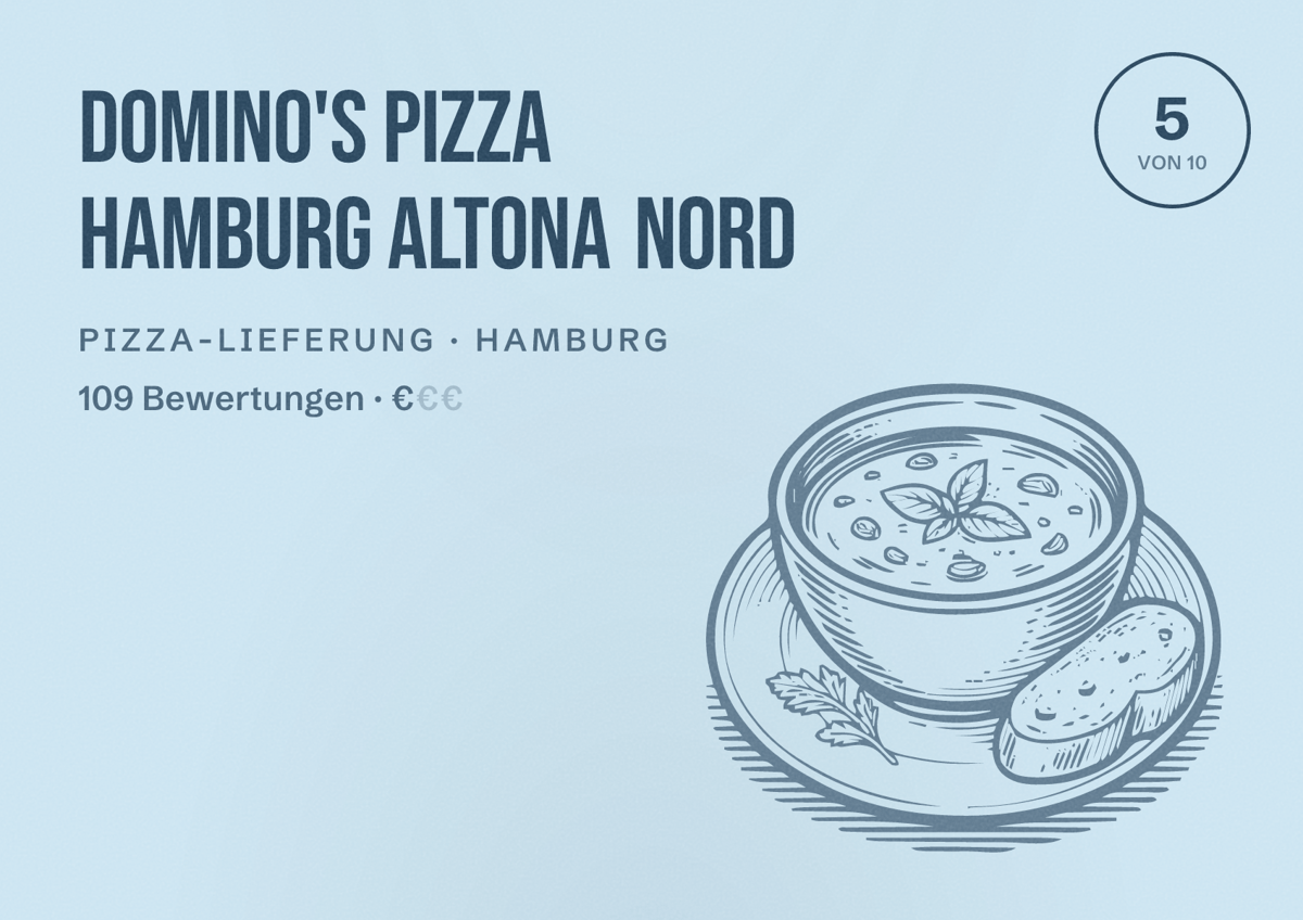 Illustriertes Poster von Domino's Pizza Hamburg Altona Nord, Pizza-Lieferung in Hamburg: Bewertung 5 von 10 aus 109 Bewertungen, Preisniveau €