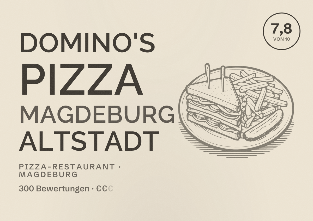 Illustriertes Poster von Domino's Pizza Magdeburg Altstadt, Pizza-Restaurant in Magdeburg: Bewertung 7,8 von 10 aus 300 Bewertungen, Preisniveau €€