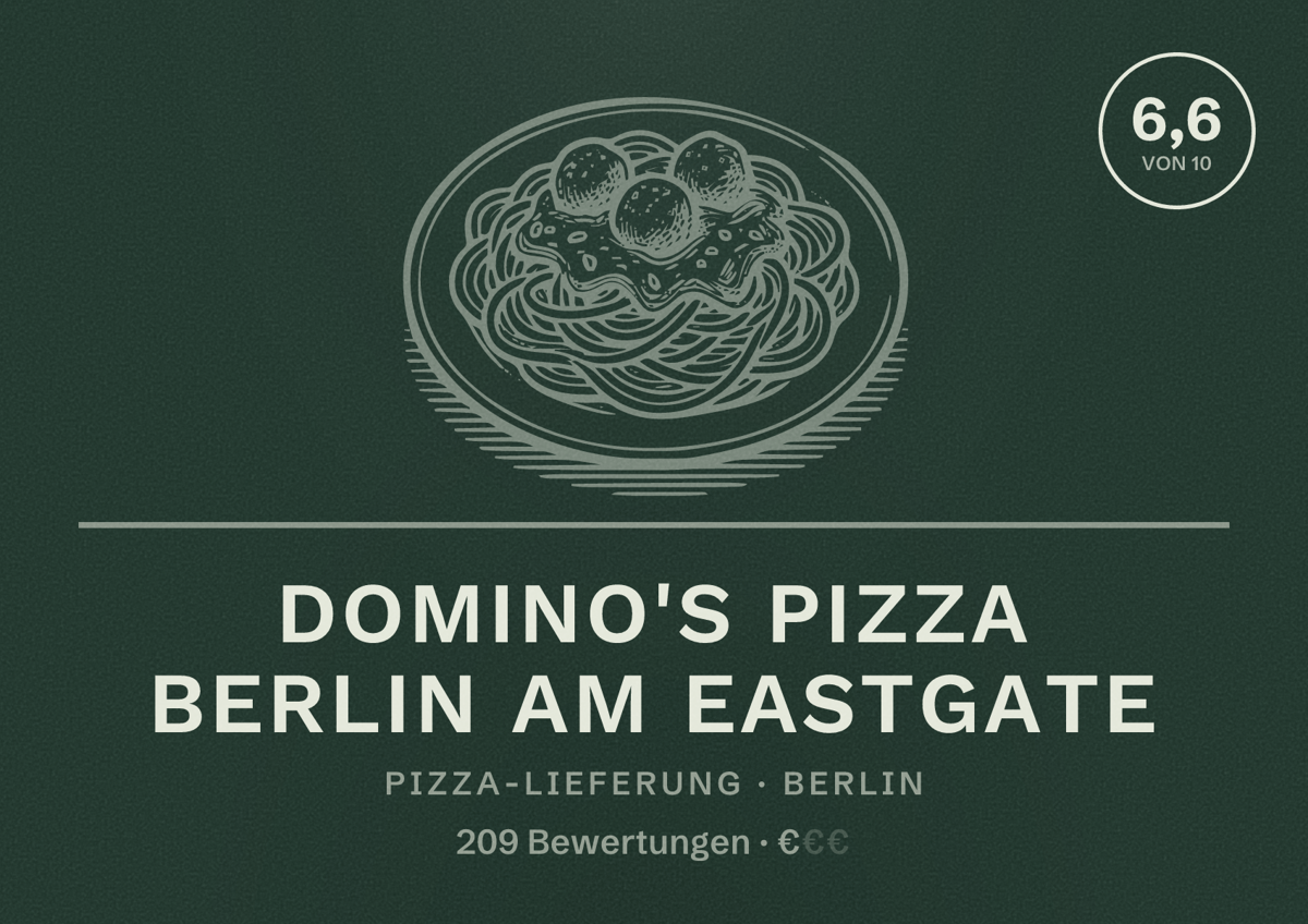 Illustriertes Poster von Domino's Pizza Berlin Am Eastgate, Pizza-Lieferung in Berlin: Bewertung 6,6 von 10 aus 209 Bewertungen, Preisniveau €