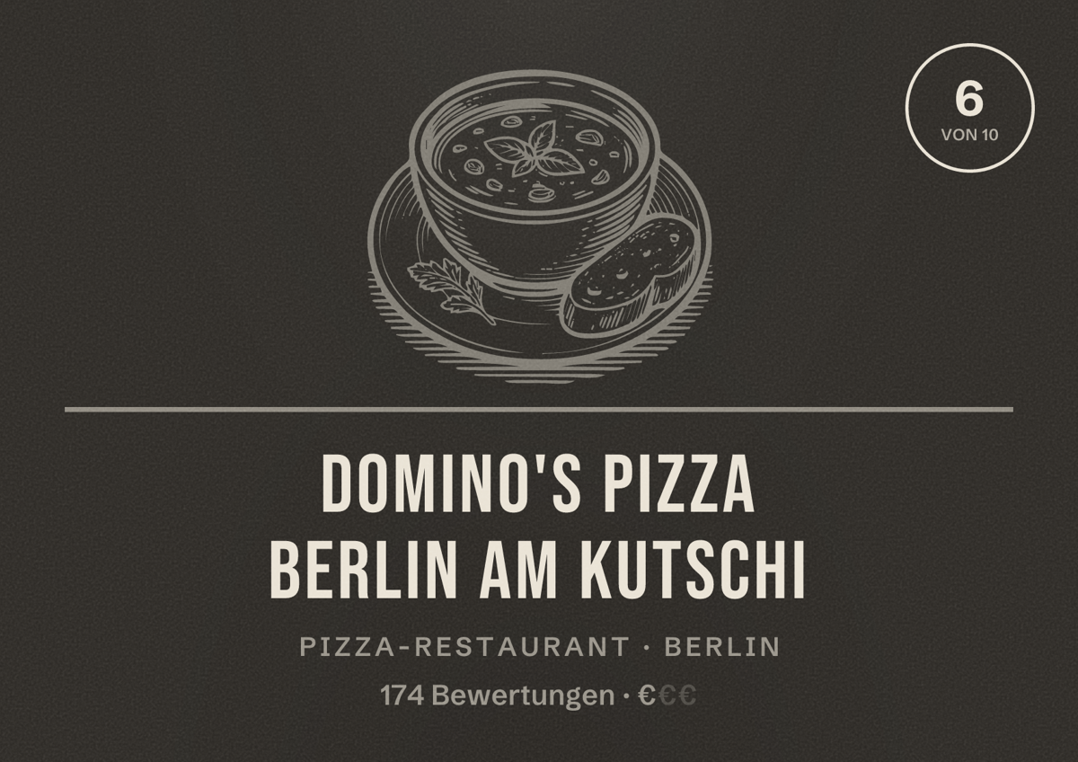 Illustriertes Poster von Domino's Pizza Berlin Am Kutschi, Pizza-Restaurant in Berlin: Bewertung 6,0 von 10 aus 174 Bewertungen, Preisniveau €
