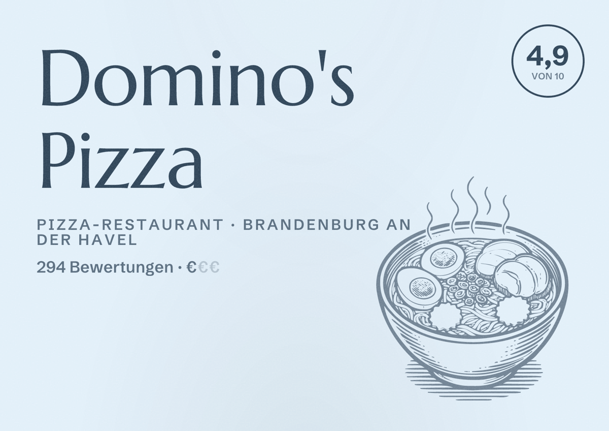 Illustriertes Poster von Domino's Pizza, Pizza-Restaurant in Brandenburg an der Havel: Bewertung 4,9 von 10 aus 294 Bewertungen, Preisniveau €