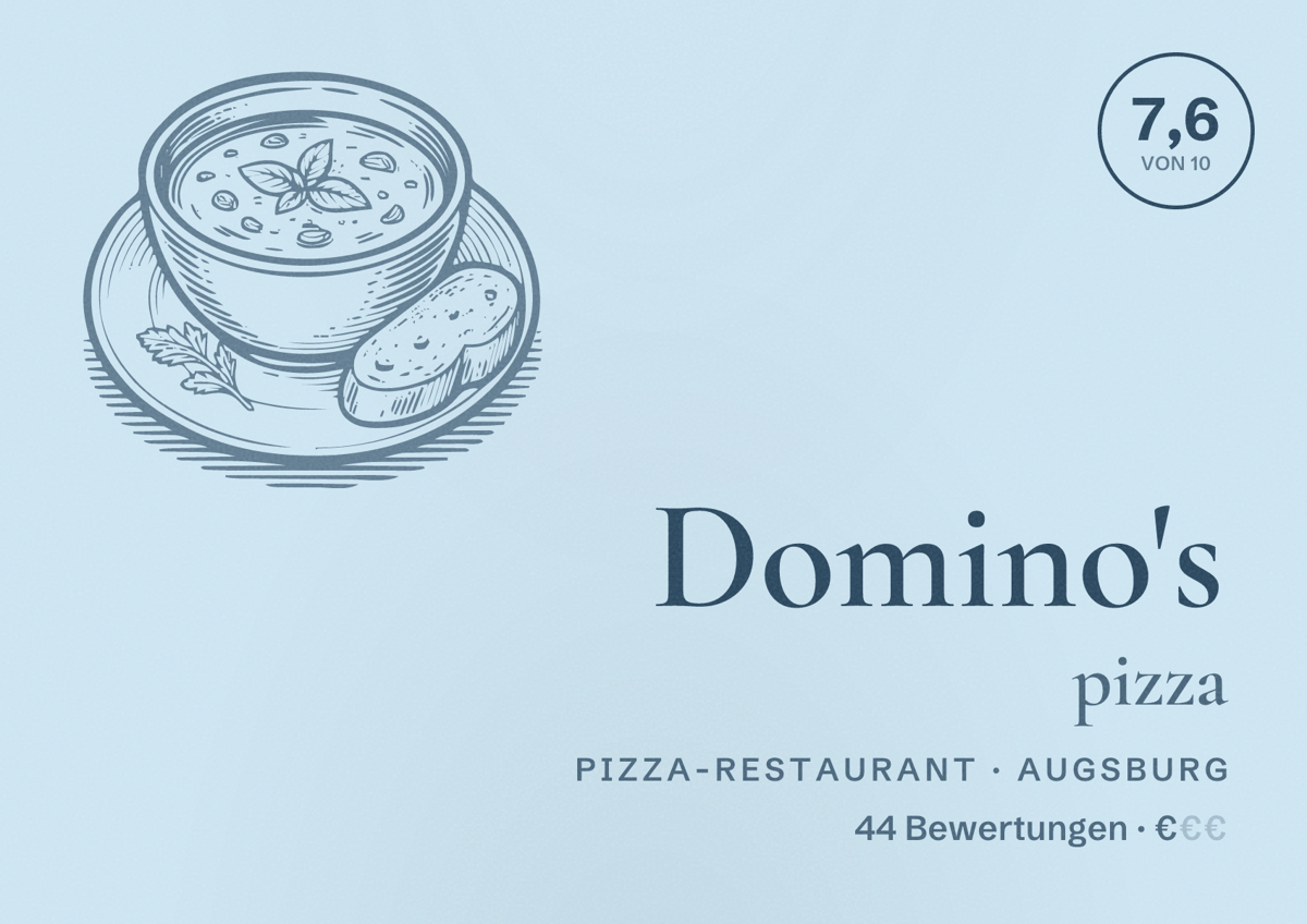 Illustriertes Poster von Domino's pizza, Pizza-Restaurant in Augsburg: Bewertung 7,6 von 10 aus 44 Bewertungen, Preisniveau €