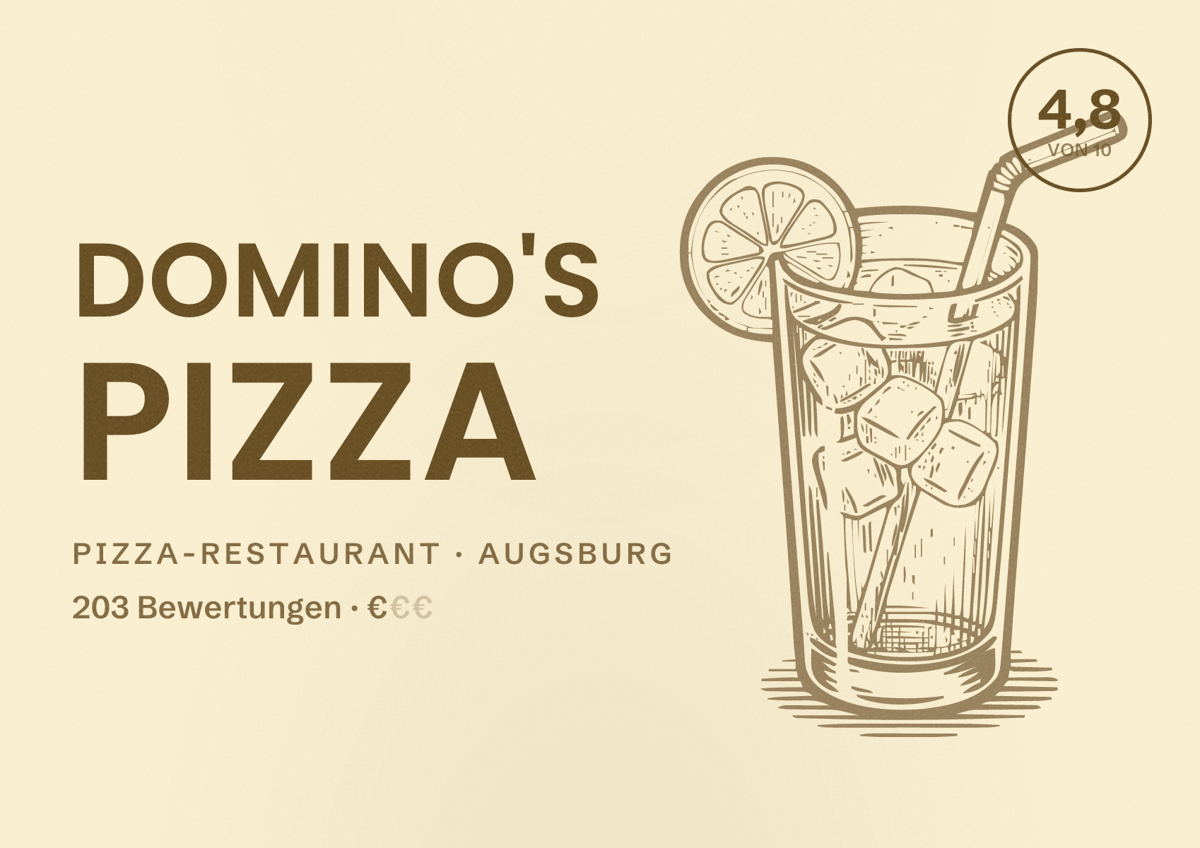 Illustriertes Poster von Domino's Pizza, Pizza-Restaurant in Augsburg: Bewertung 4,8 von 10 aus 203 Bewertungen, Preisniveau €