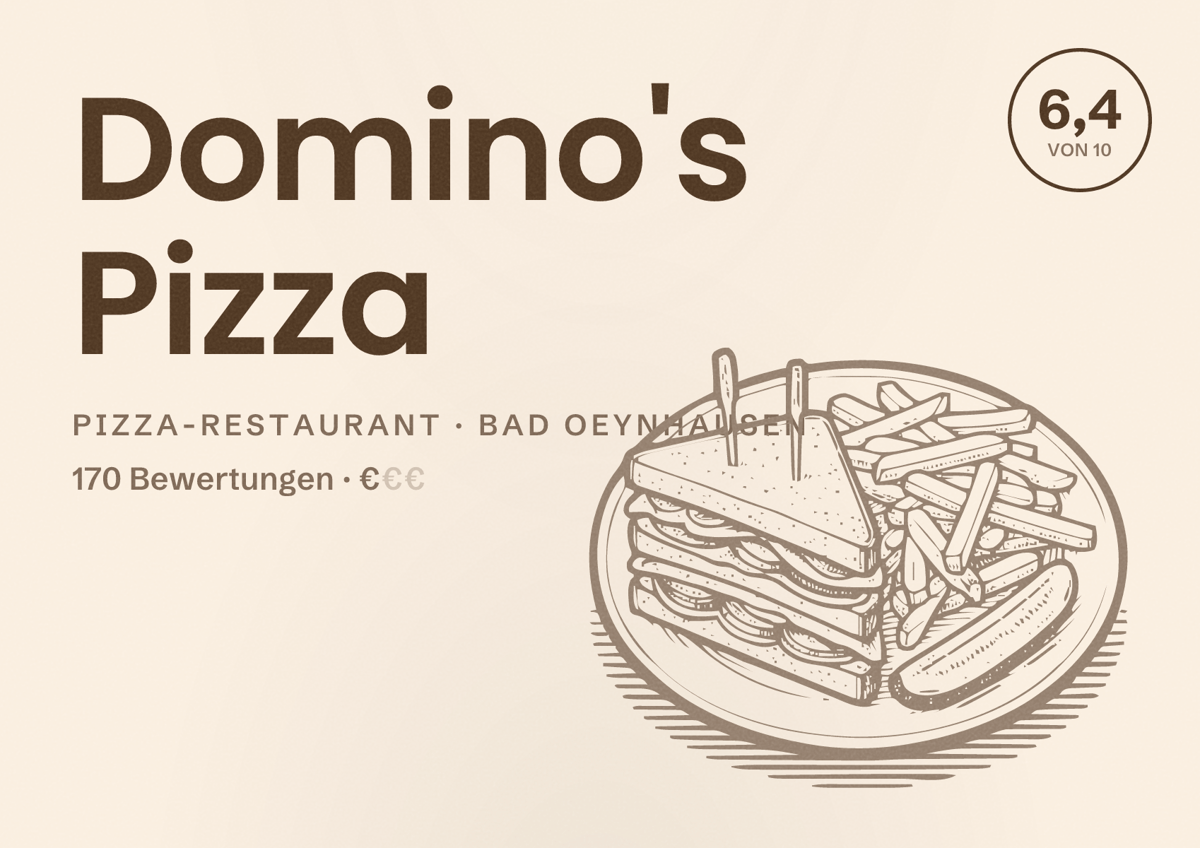 Illustriertes Poster von Domino's Pizza, Pizza-Restaurant in Bad Oeynhausen: Bewertung 6,4 von 10 aus 170 Bewertungen, Preisniveau €