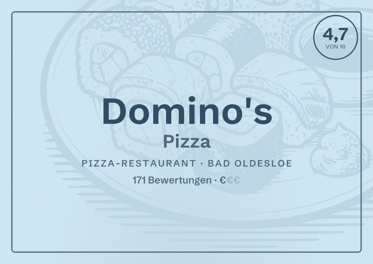 Illustriertes Poster von Domino's Pizza, Pizza-Restaurant in Bad Oldesloe: Bewertung 4,7 von 10 aus 171 Bewertungen, Preisniveau €