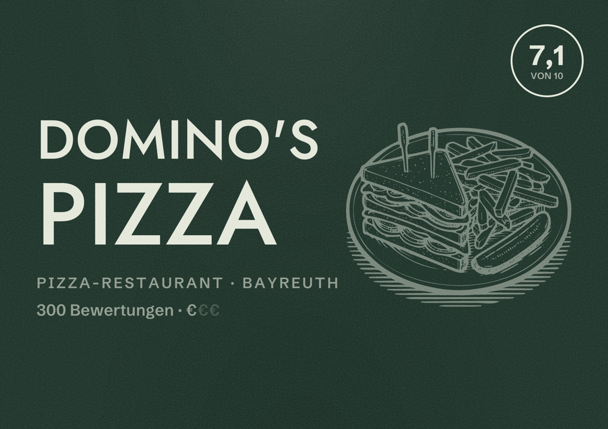 Illustriertes Poster von Domino's Pizza, Pizza-Restaurant in Bayreuth: Bewertung 7,1 von 10 aus 300 Bewertungen, Preisniveau €