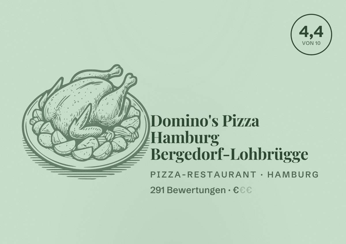 Illustriertes Poster von Domino's Pizza Hamburg Bergedorf-Lohbrügge, Pizza-Restaurant in Hamburg: Bewertung 4,4 von 10 aus 291 Bewertungen, Preisniveau €