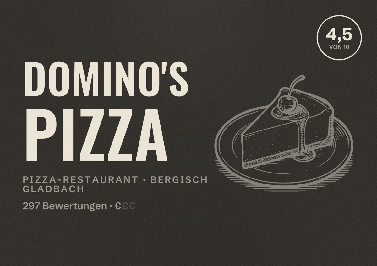 Illustriertes Poster von Domino's Pizza, Pizza-Restaurant in Bergisch Gladbach: Bewertung 4,5 von 10 aus 297 Bewertungen, Preisniveau €