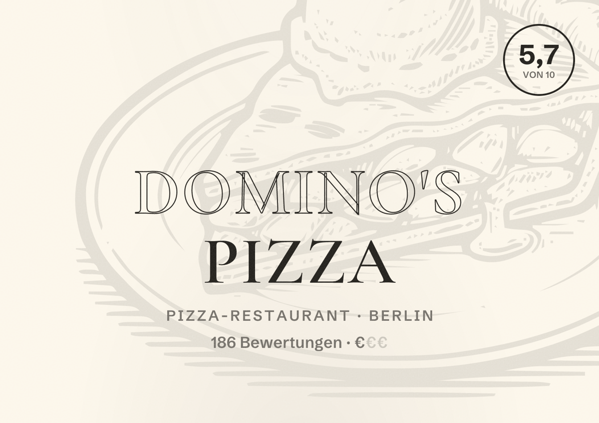 Illustriertes Poster von Domino's Pizza, Pizza-Restaurant in Berlin: Bewertung 5,7 von 10 aus 186 Bewertungen, Preisniveau €