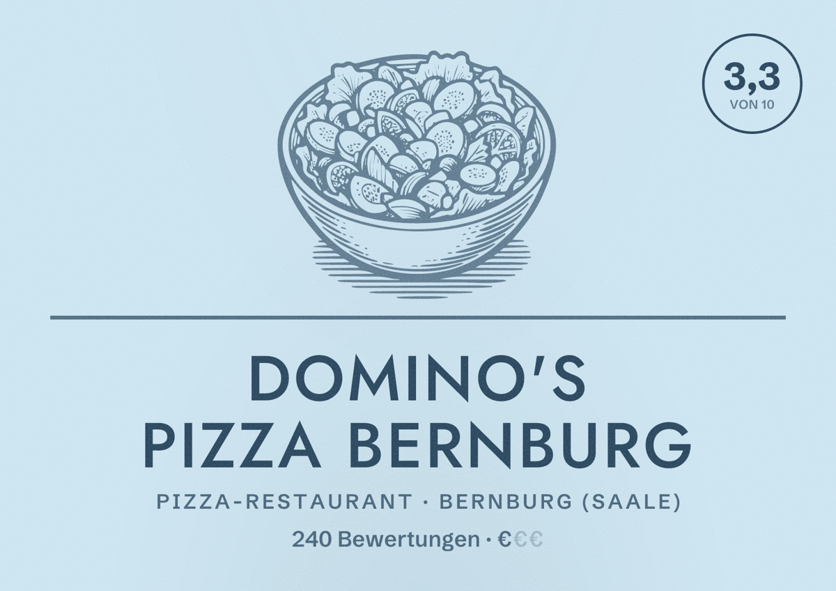 Illustriertes Poster von Domino's Pizza Bernburg, Pizza-Restaurant in Bernburg (Saale): Bewertung 3,3 von 10 aus 240 Bewertungen, Preisniveau €