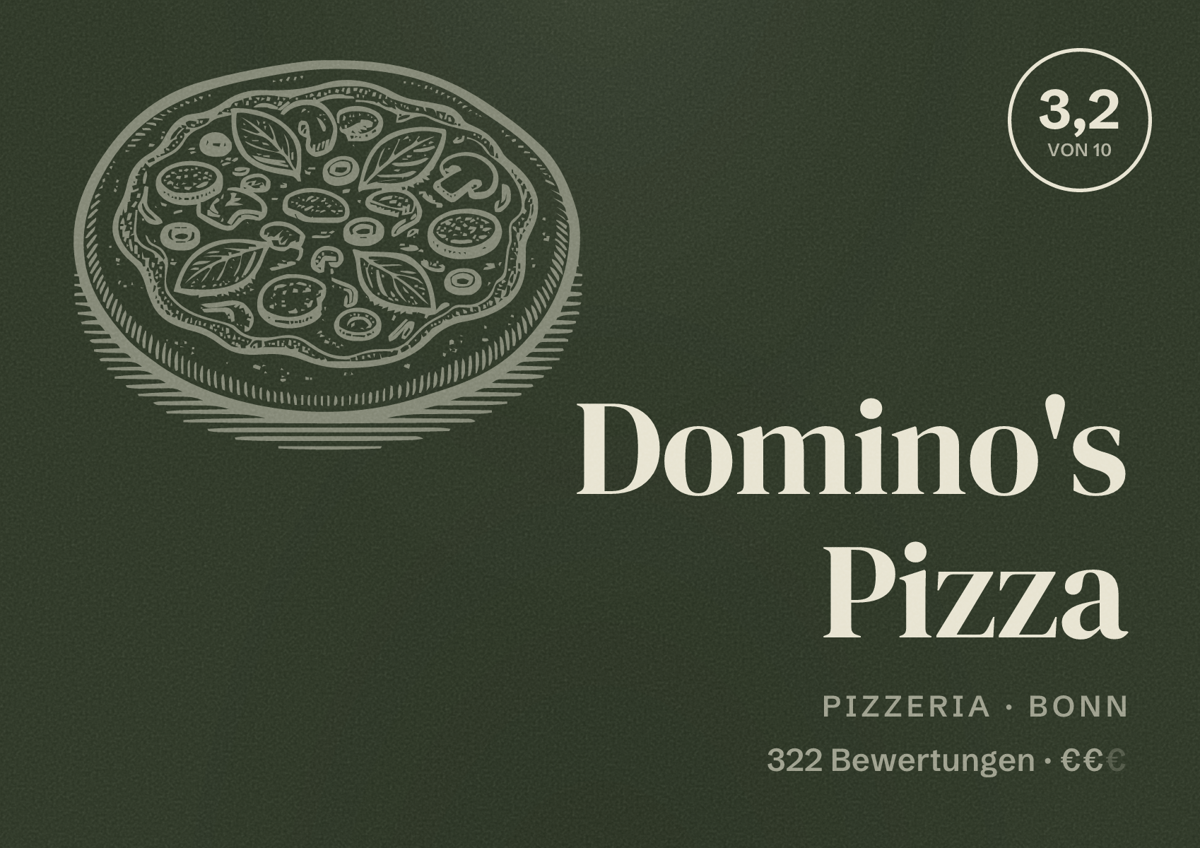 Illustriertes Poster von Domino's Pizza, Pizzeria in Bonn: Bewertung 3,2 von 10 aus 322 Bewertungen, Preisniveau €€