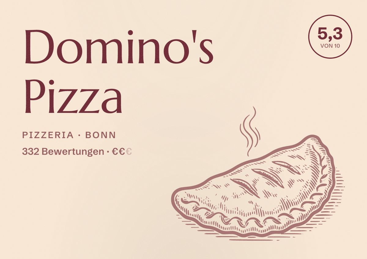 Illustriertes Poster von Domino's Pizza, Pizzeria in Bonn: Bewertung 5,3 von 10 aus 332 Bewertungen, Preisniveau €€