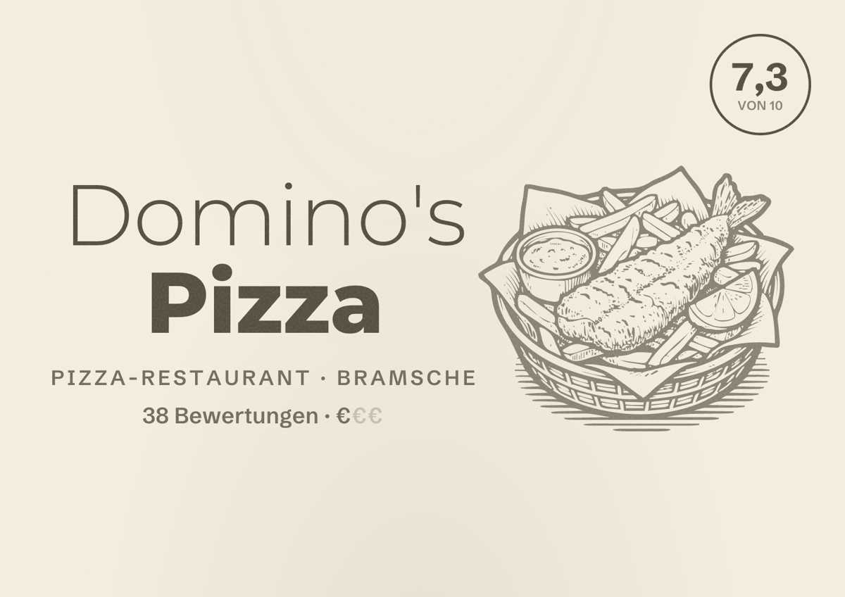 Illustriertes Poster von Domino's Pizza, Pizza-Restaurant in Bramsche: Bewertung 7,3 von 10 aus 38 Bewertungen, Preisniveau €