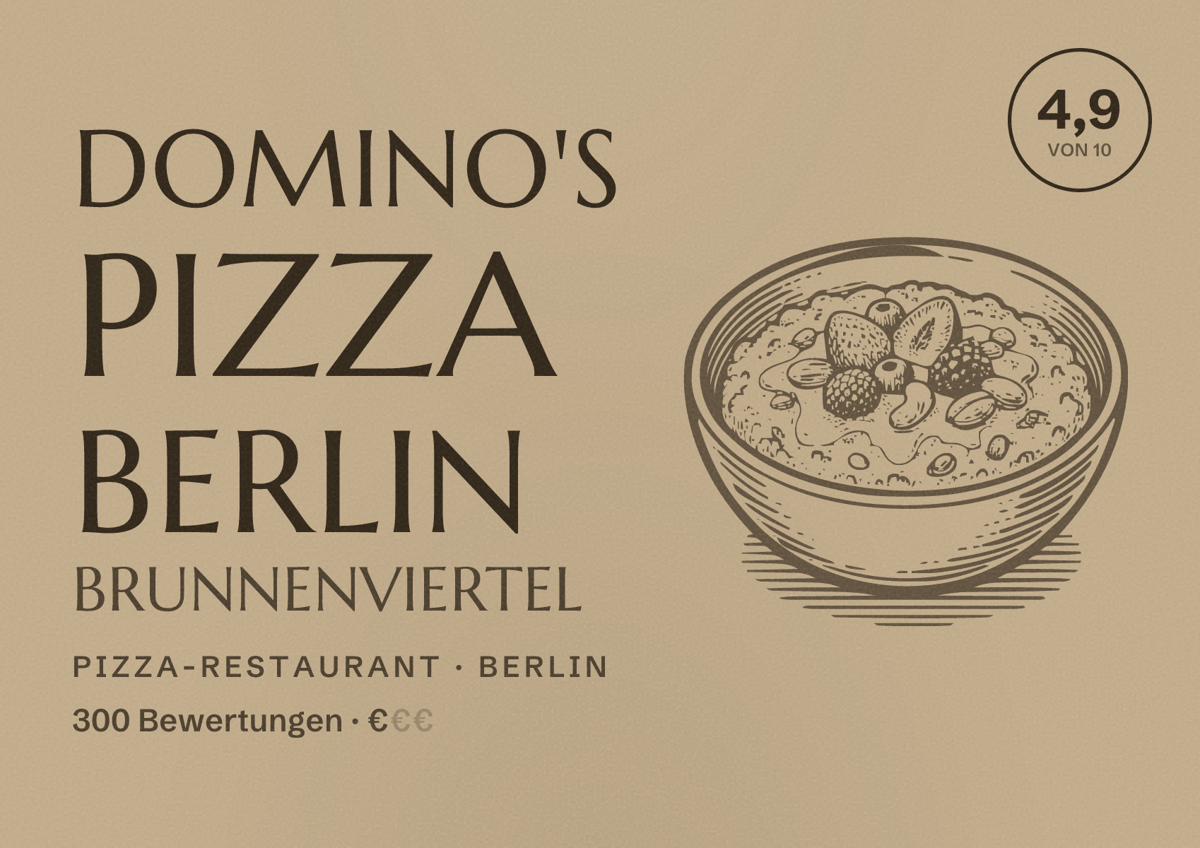 Illustriertes Poster von Domino's Pizza Berlin Brunnenviertel, Pizza-Restaurant in Berlin: Bewertung 4,9 von 10 aus 300 Bewertungen, Preisniveau €