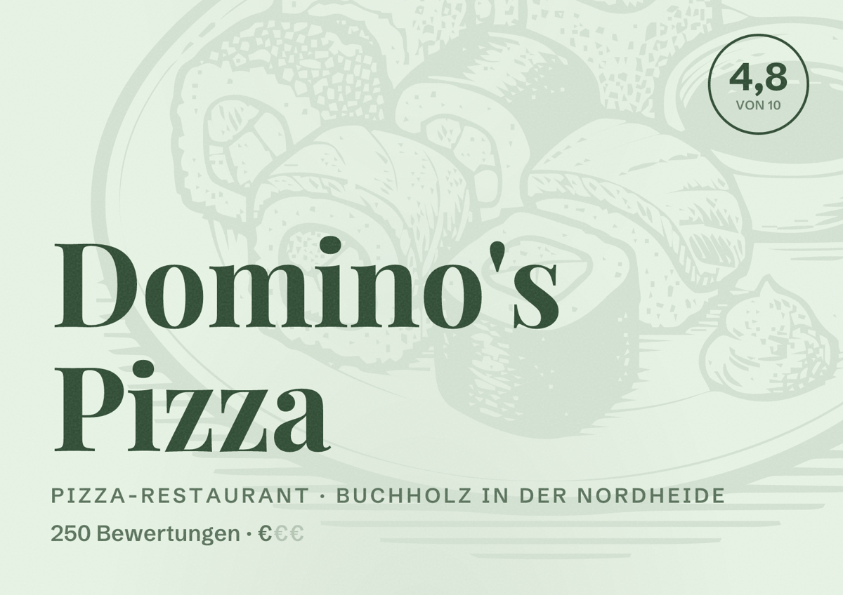 Illustriertes Poster von Domino's Pizza, Pizza-Restaurant in Buchholz in der Nordheide: Bewertung 4,8 von 10 aus 250 Bewertungen, Preisniveau €