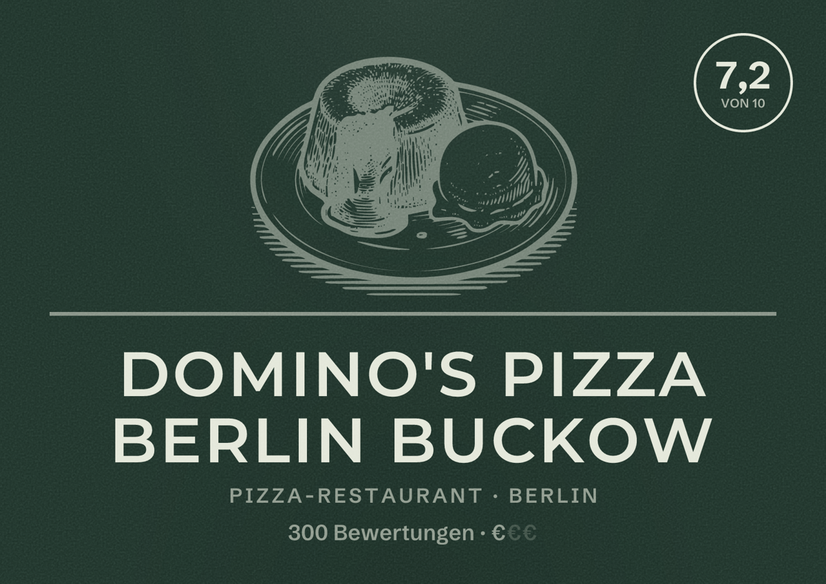 Illustriertes Poster von Domino's Pizza Berlin Buckow, Pizza-Restaurant in Berlin: Bewertung 7,2 von 10 aus 300 Bewertungen, Preisniveau €