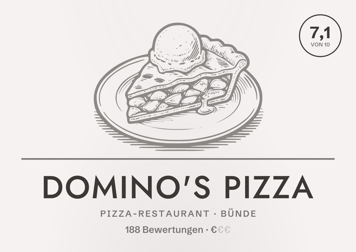 Illustriertes Poster von Domino's Pizza, Pizza-Restaurant in Bünde: Bewertung 7,1 von 10 aus 188 Bewertungen, Preisniveau €