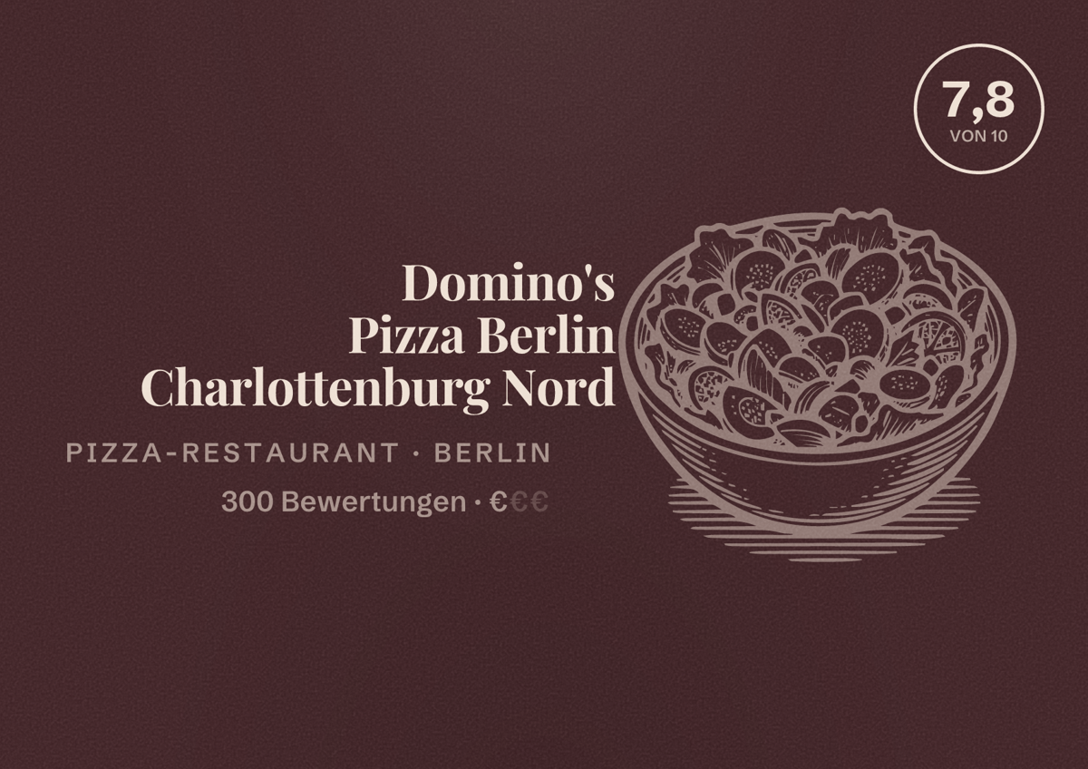 Illustriertes Poster von Domino's Pizza Berlin Charlottenburg Nord, Pizza-Restaurant in Berlin: Bewertung 7,8 von 10 aus 300 Bewertungen, Preisniveau €