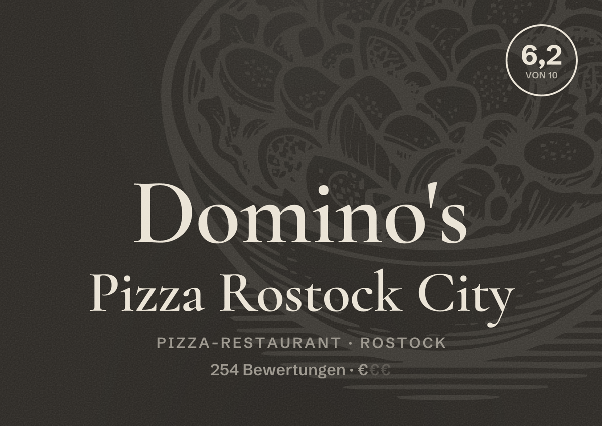 Illustriertes Poster von Domino's Pizza Rostock City, Pizza-Restaurant in Rostock: Bewertung 6,2 von 10 aus 254 Bewertungen, Preisniveau €
