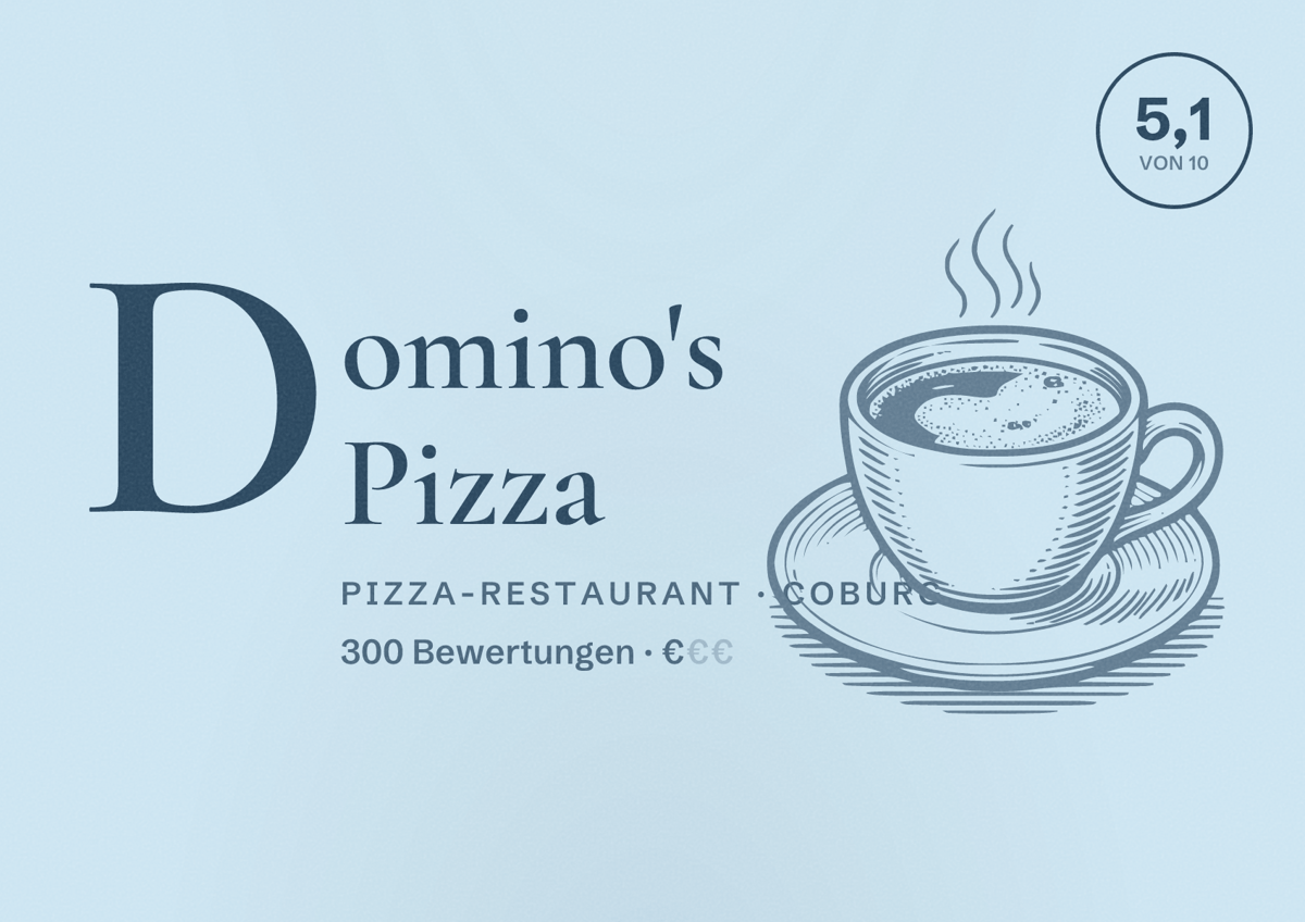 Illustriertes Poster von Domino's Pizza, Pizza-Restaurant in Coburg: Bewertung 5,1 von 10 aus 300 Bewertungen, Preisniveau €