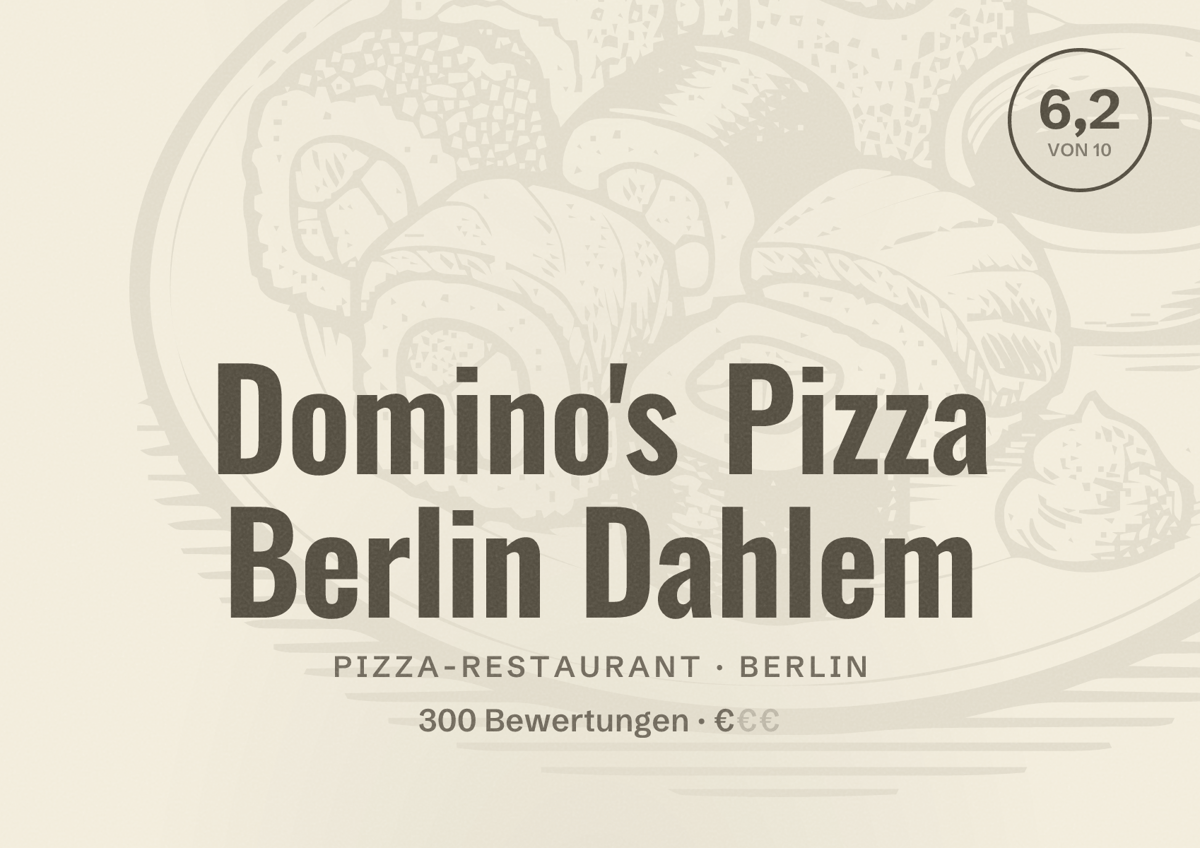 Illustriertes Poster von Domino's Pizza Berlin Dahlem, Pizza-Restaurant in Berlin: Bewertung 6,2 von 10 aus 300 Bewertungen, Preisniveau €
