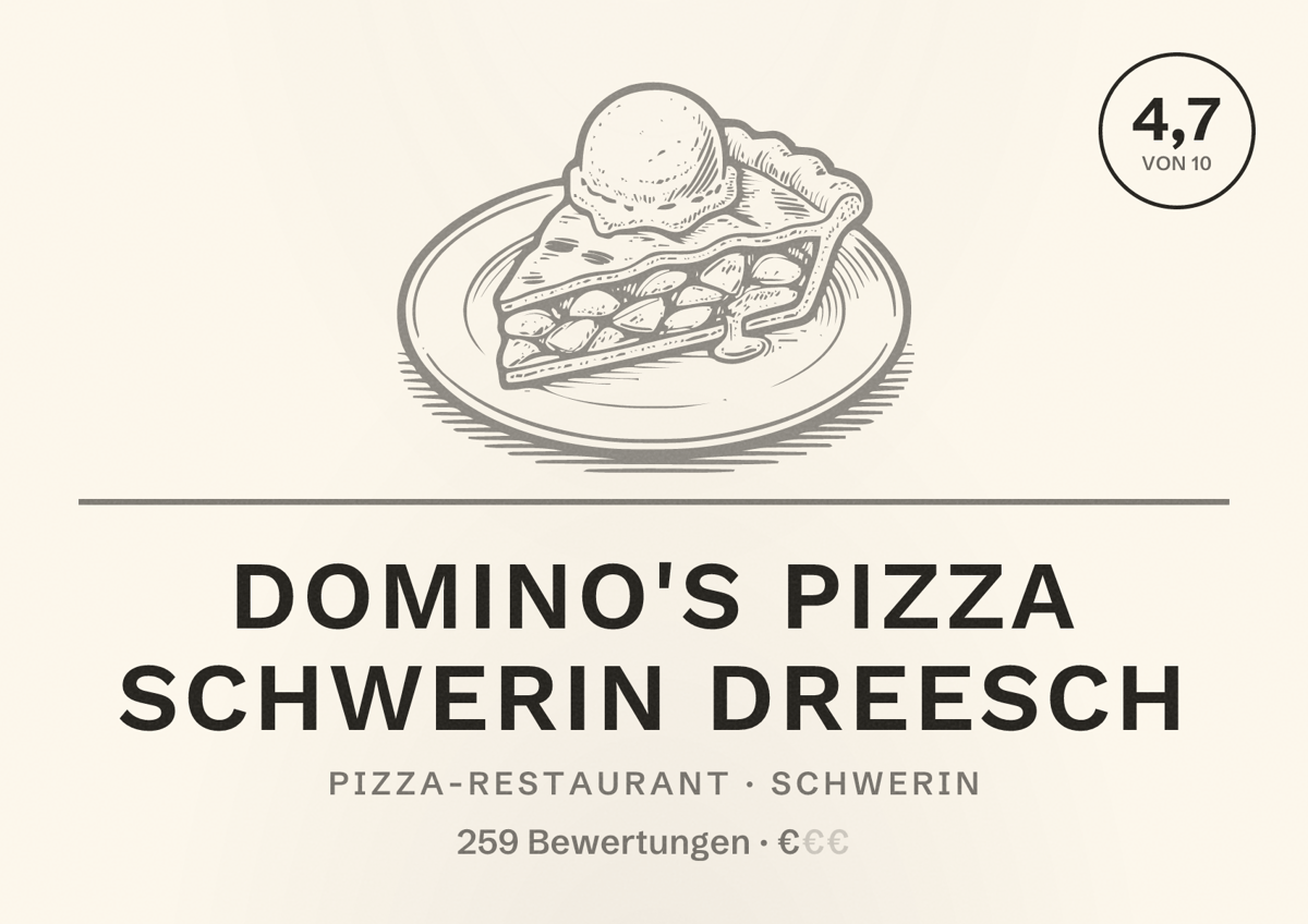 Illustriertes Poster von Domino's Pizza Schwerin Dreesch, Pizza-Restaurant in Schwerin: Bewertung 4,7 von 10 aus 259 Bewertungen, Preisniveau €