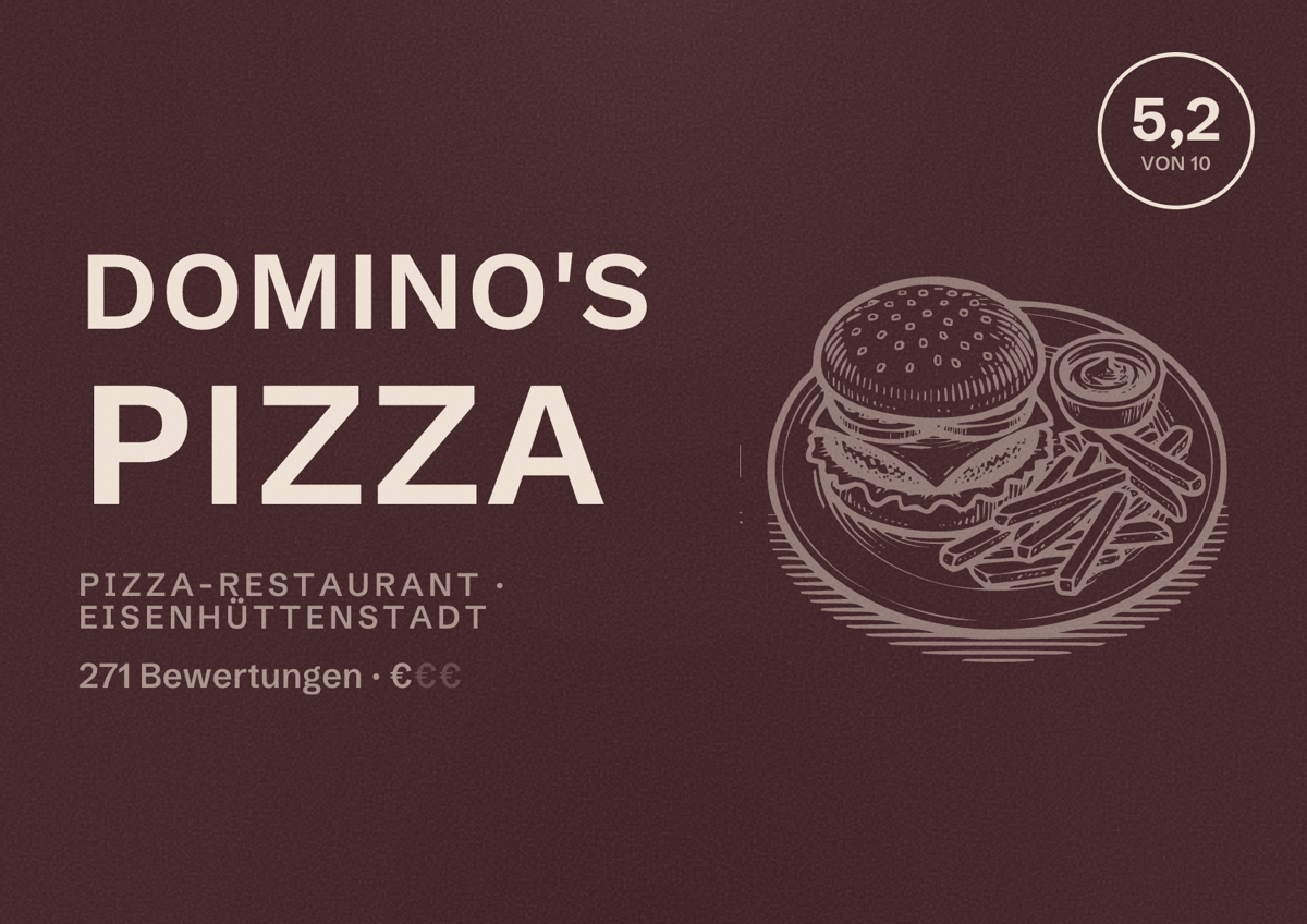 Illustriertes Poster von Domino's Pizza, Pizza-Restaurant in Eisenhüttenstadt: Bewertung 5,2 von 10 aus 271 Bewertungen, Preisniveau €