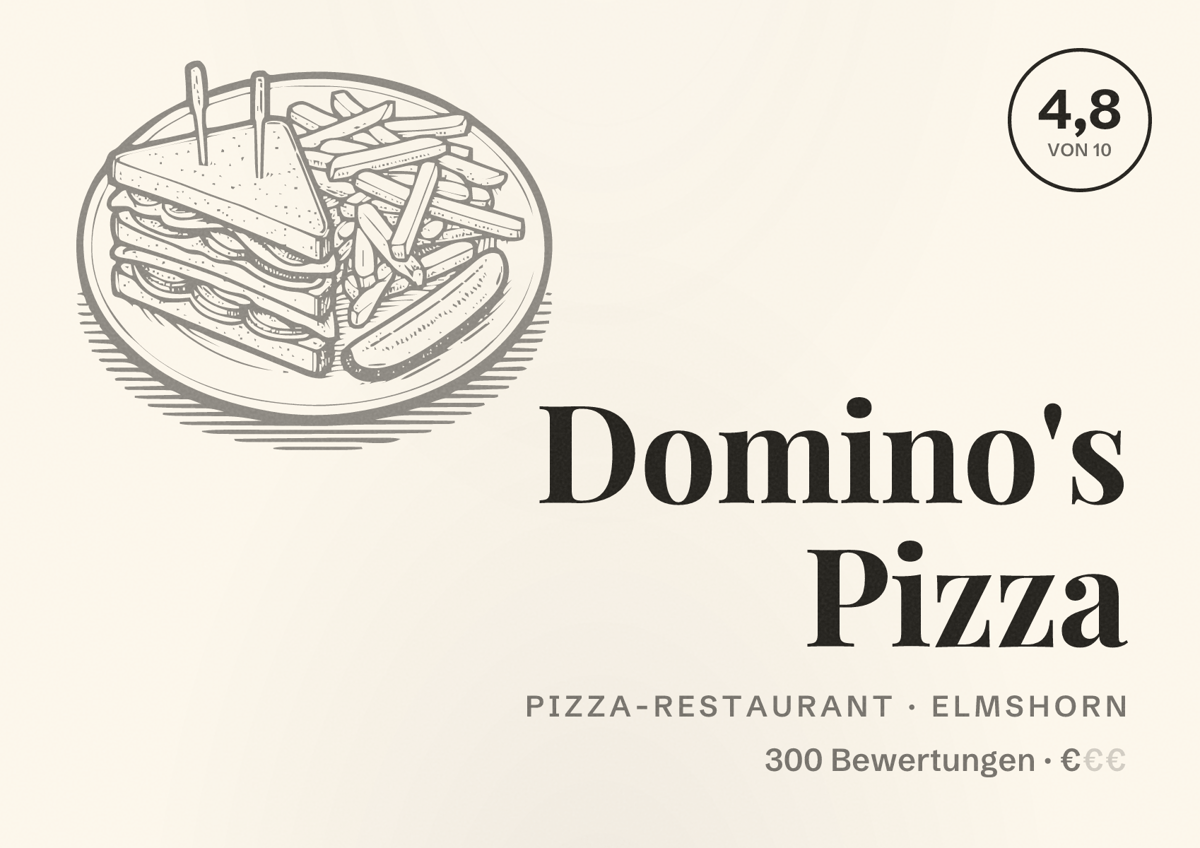 Illustriertes Poster von Domino's Pizza, Pizza-Restaurant in Elmshorn: Bewertung 4,8 von 10 aus 300 Bewertungen, Preisniveau €
