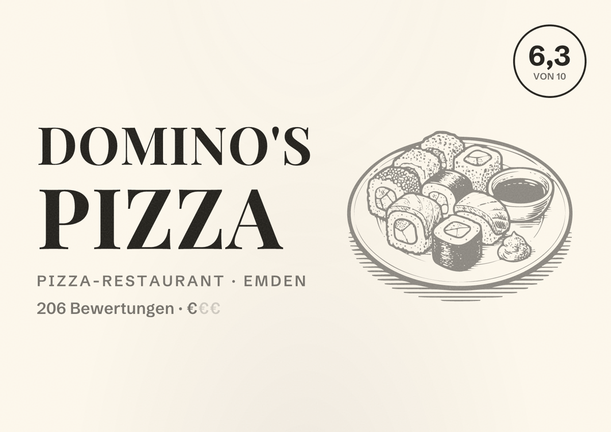 Illustriertes Poster von Domino's Pizza, Pizza-Restaurant in Emden: Bewertung 6,3 von 10 aus 206 Bewertungen, Preisniveau €