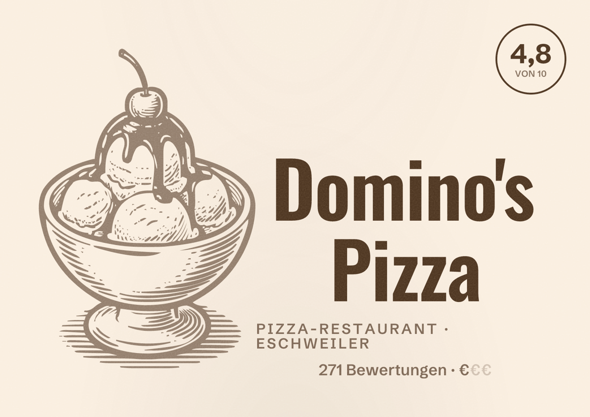 Illustriertes Poster von Domino's Pizza, Pizza-Restaurant in Eschweiler: Bewertung 4,8 von 10 aus 271 Bewertungen, Preisniveau €