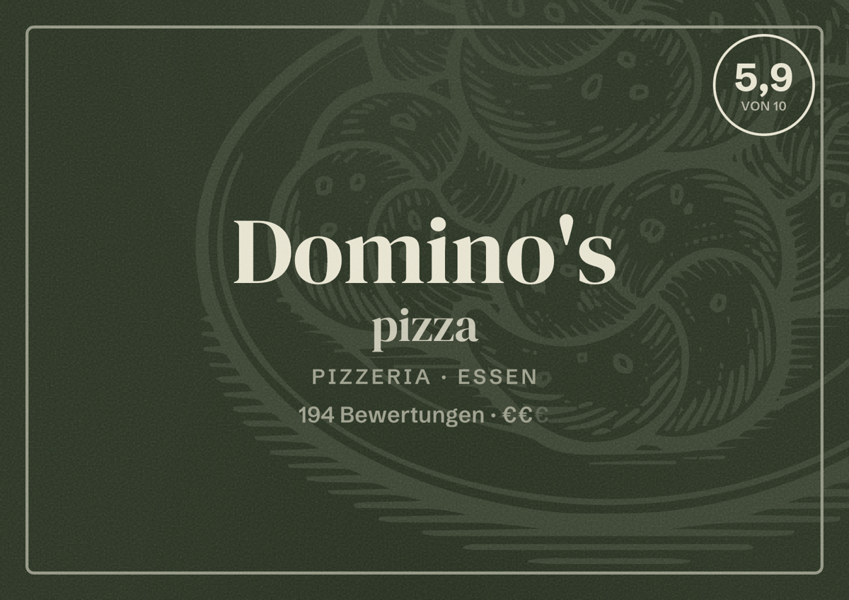 Illustriertes Poster von Domino's pizza, Pizzeria in Essen: Bewertung 5,9 von 10 aus 194 Bewertungen, Preisniveau €€