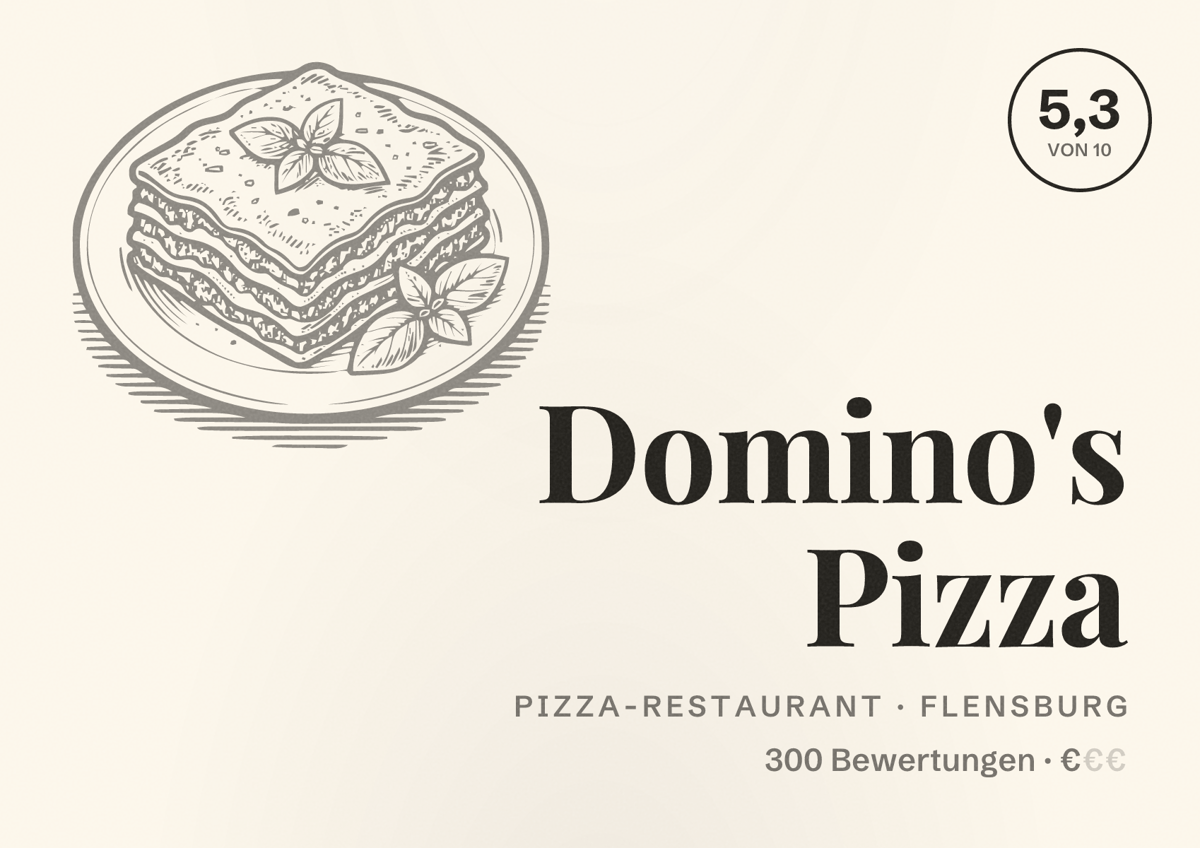 Illustriertes Poster von Domino's Pizza, Pizza-Restaurant in Flensburg: Bewertung 5,3 von 10 aus 300 Bewertungen, Preisniveau €