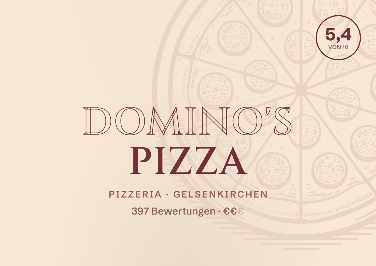 Illustriertes Poster von Domino's Pizza, Pizzeria in Gelsenkirchen: Bewertung 5,4 von 10 aus 397 Bewertungen, Preisniveau €€