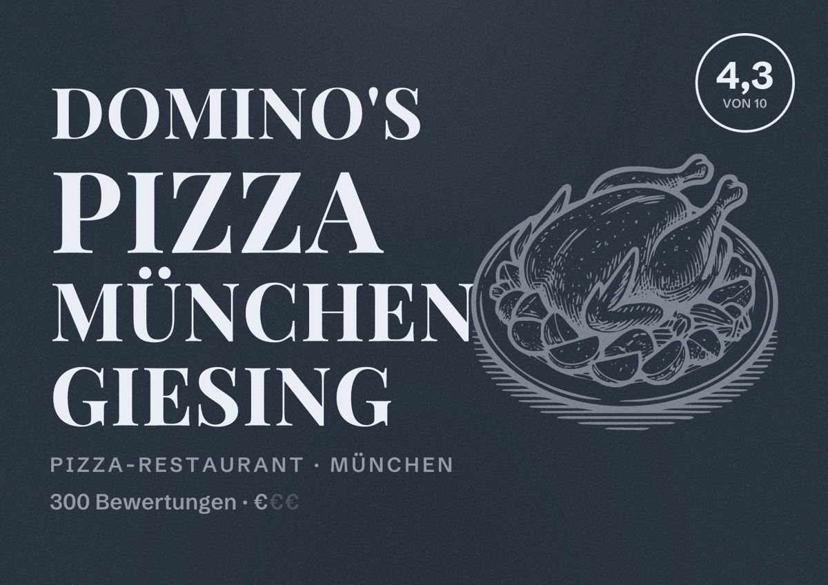 Illustriertes Poster von Domino's Pizza München Giesing, Pizza-Restaurant in München: Bewertung 4,3 von 10 aus 300 Bewertungen, Preisniveau €