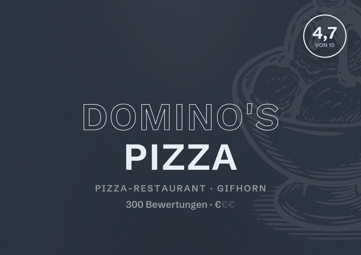 Illustriertes Poster von Domino's Pizza, Pizza-Restaurant in Gifhorn: Bewertung 4,7 von 10 aus 300 Bewertungen, Preisniveau €