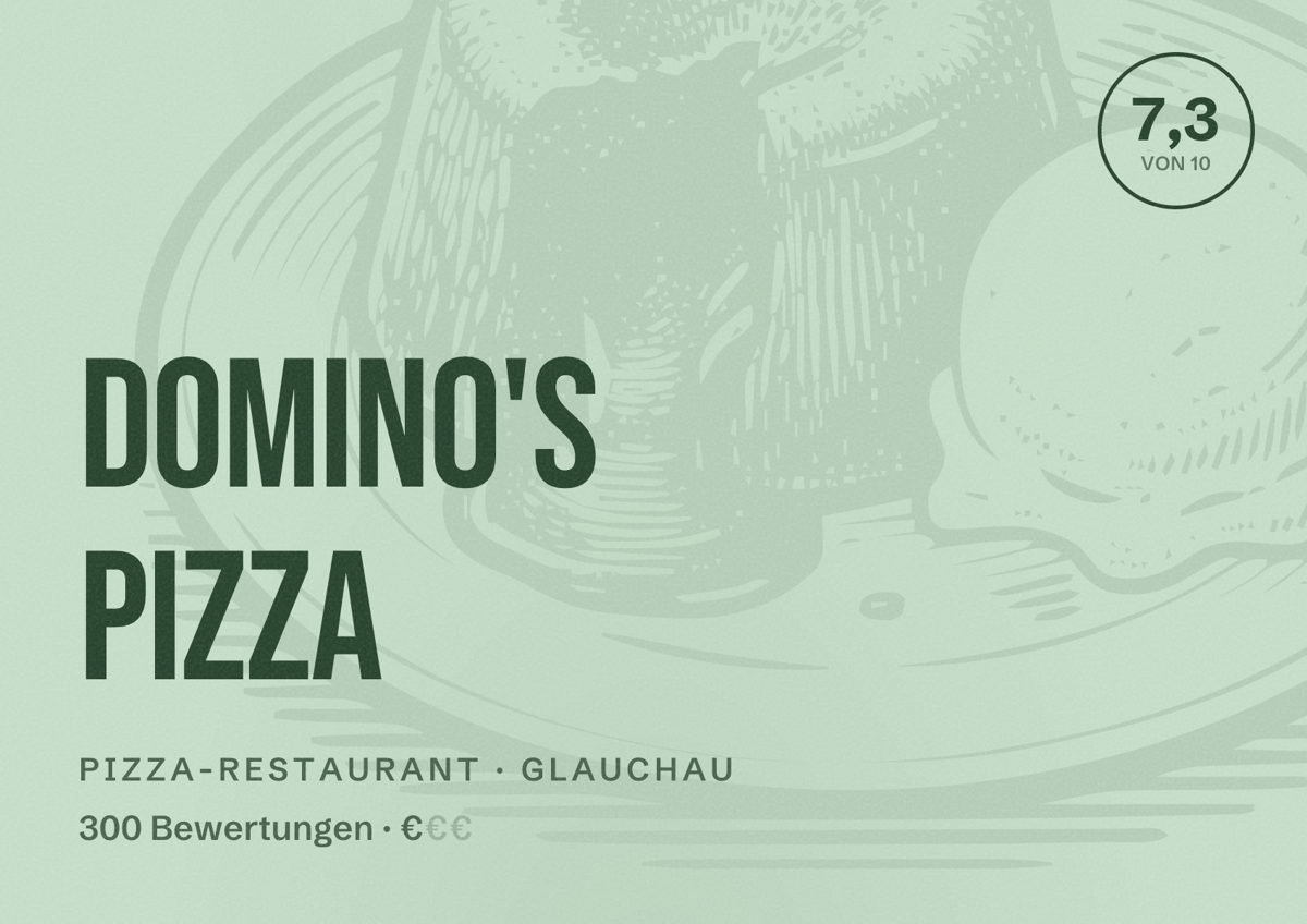 Illustriertes Poster von Domino's Pizza, Pizza-Restaurant in Glauchau: Bewertung 7,3 von 10 aus 300 Bewertungen, Preisniveau €