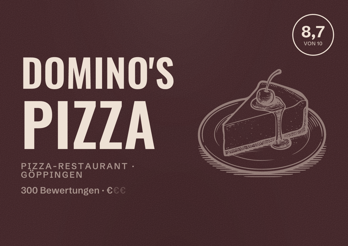Illustriertes Poster von Domino's Pizza, Pizza-Restaurant in Göppingen: Bewertung 8,7 von 10 aus 300 Bewertungen, Preisniveau €