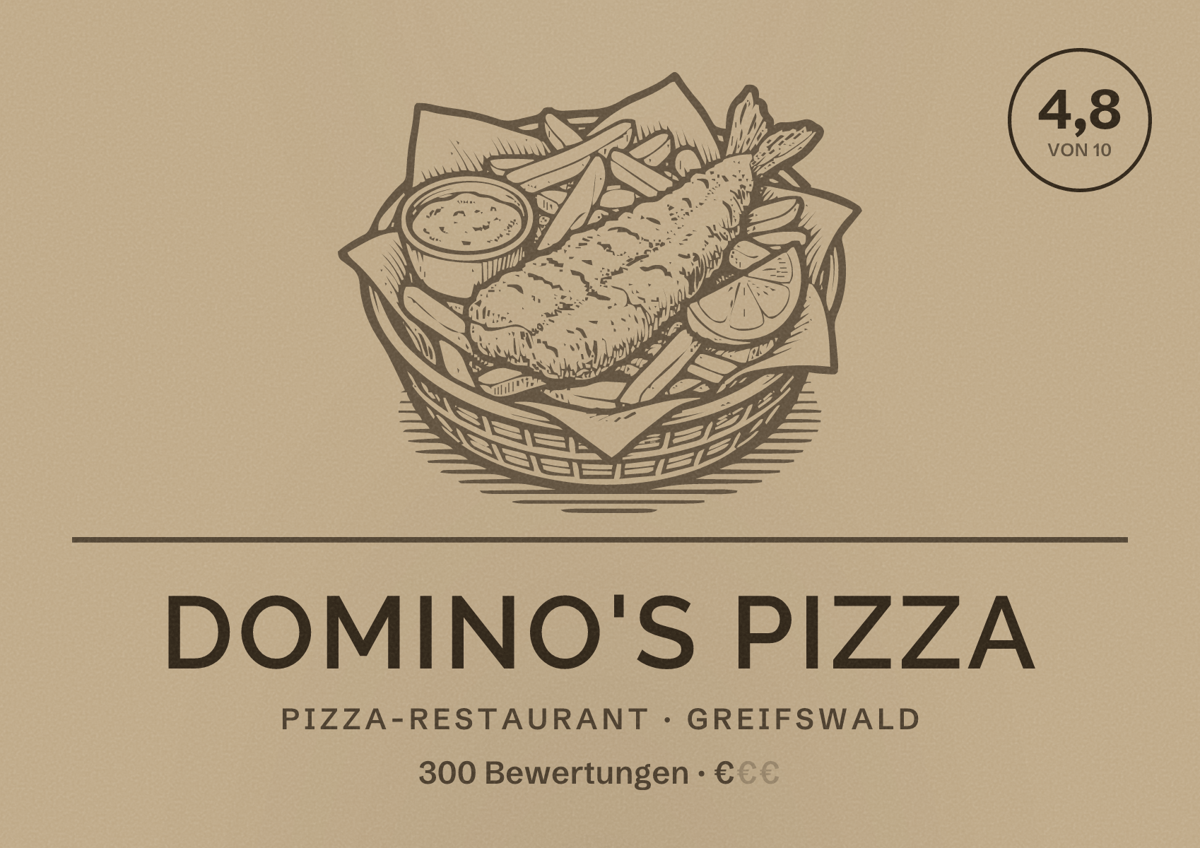 Illustriertes Poster von Domino's Pizza, Pizza-Restaurant in Greifswald: Bewertung 4,8 von 10 aus 300 Bewertungen, Preisniveau €