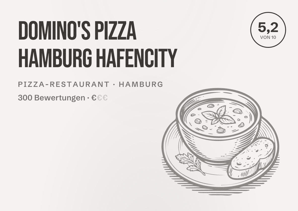 Illustriertes Poster von Domino's Pizza Hamburg Hafencity, Pizza-Restaurant in Hamburg: Bewertung 5,2 von 10 aus 300 Bewertungen, Preisniveau €