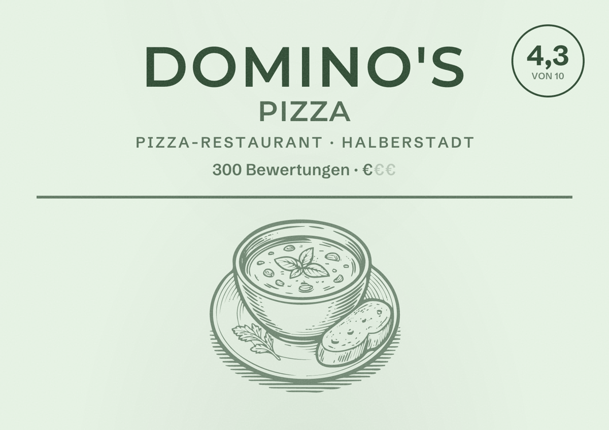 Illustriertes Poster von Domino's Pizza, Pizza-Restaurant in Halberstadt: Bewertung 4,3 von 10 aus 300 Bewertungen, Preisniveau €
