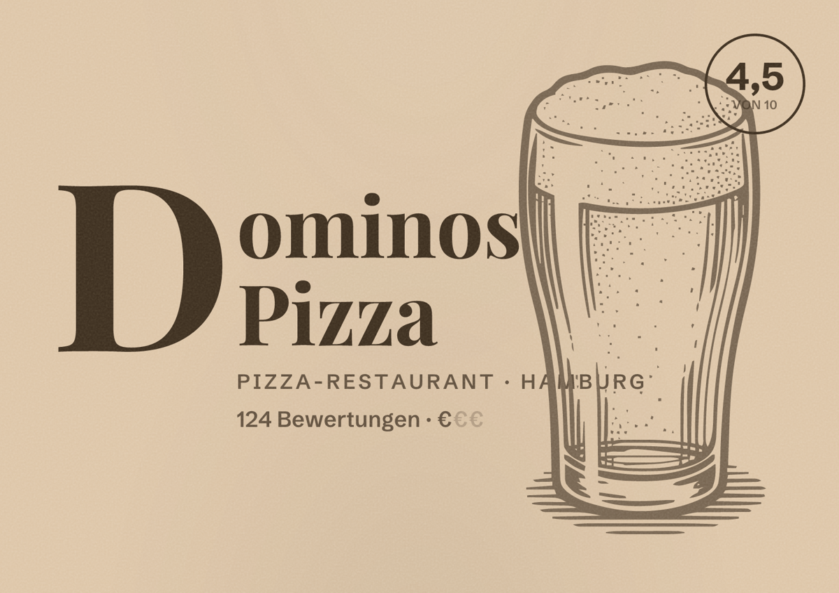 Illustriertes Poster von Dominos Pizza, Pizza-Restaurant in Hamburg: Bewertung 4,5 von 10 aus 124 Bewertungen, Preisniveau €