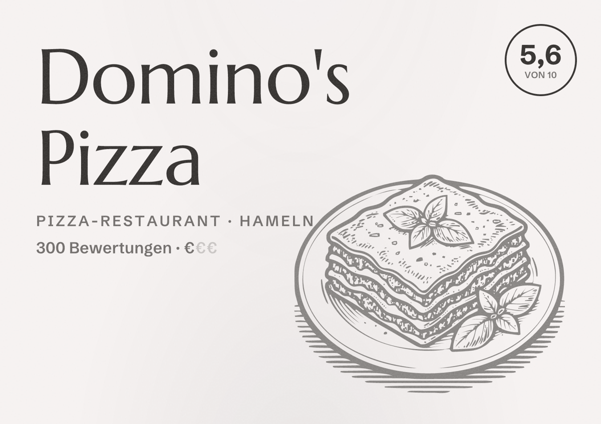 Illustriertes Poster von Domino's Pizza, Pizza-Restaurant in Hameln: Bewertung 5,6 von 10 aus 300 Bewertungen, Preisniveau €