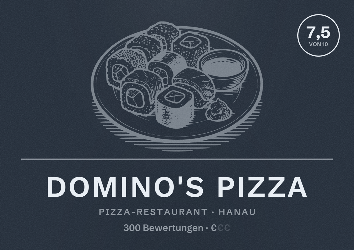 Illustriertes Poster von Domino's Pizza, Pizza-Restaurant in Hanau: Bewertung 7,5 von 10 aus 300 Bewertungen, Preisniveau €