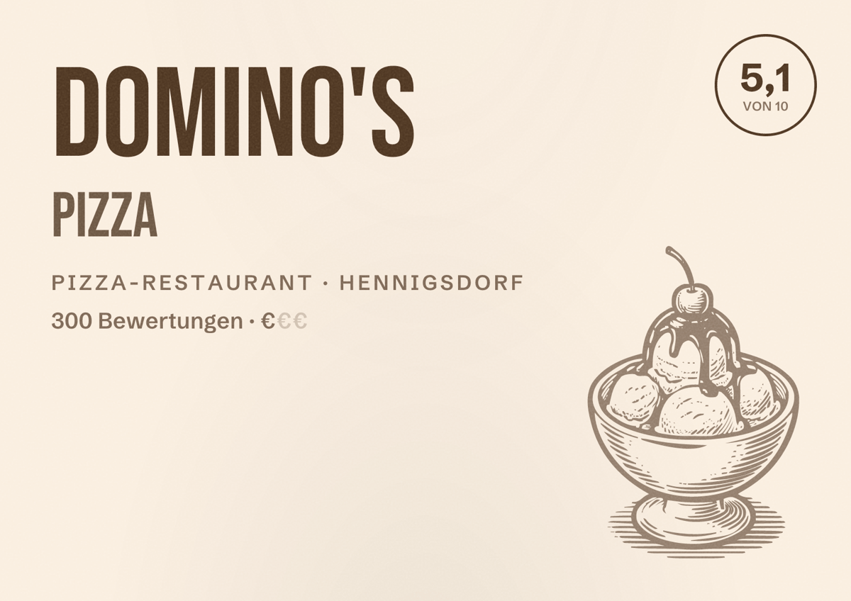 Illustriertes Poster von Domino's Pizza, Pizza-Restaurant in Hennigsdorf: Bewertung 5,1 von 10 aus 300 Bewertungen, Preisniveau €
