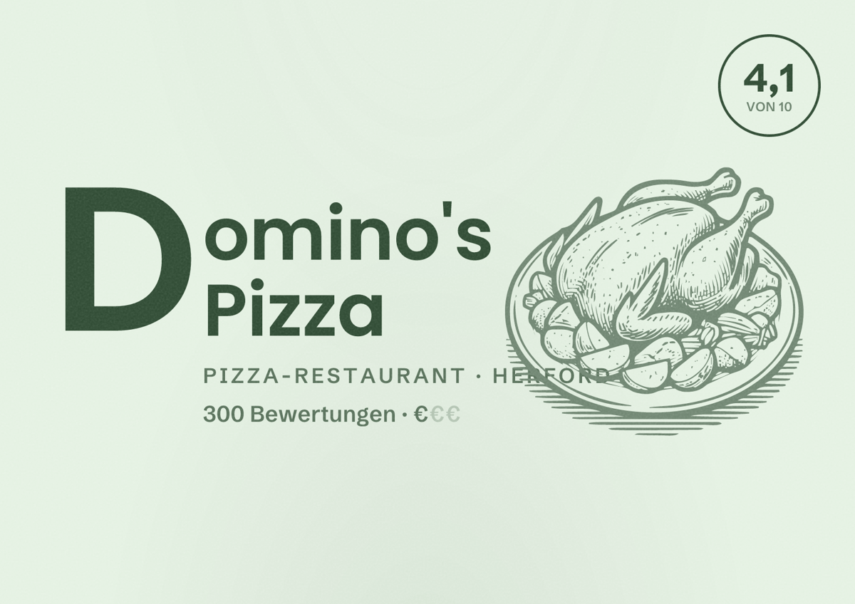 Illustriertes Poster von Domino's Pizza, Pizza-Restaurant in Herford: Bewertung 4,1 von 10 aus 300 Bewertungen, Preisniveau €